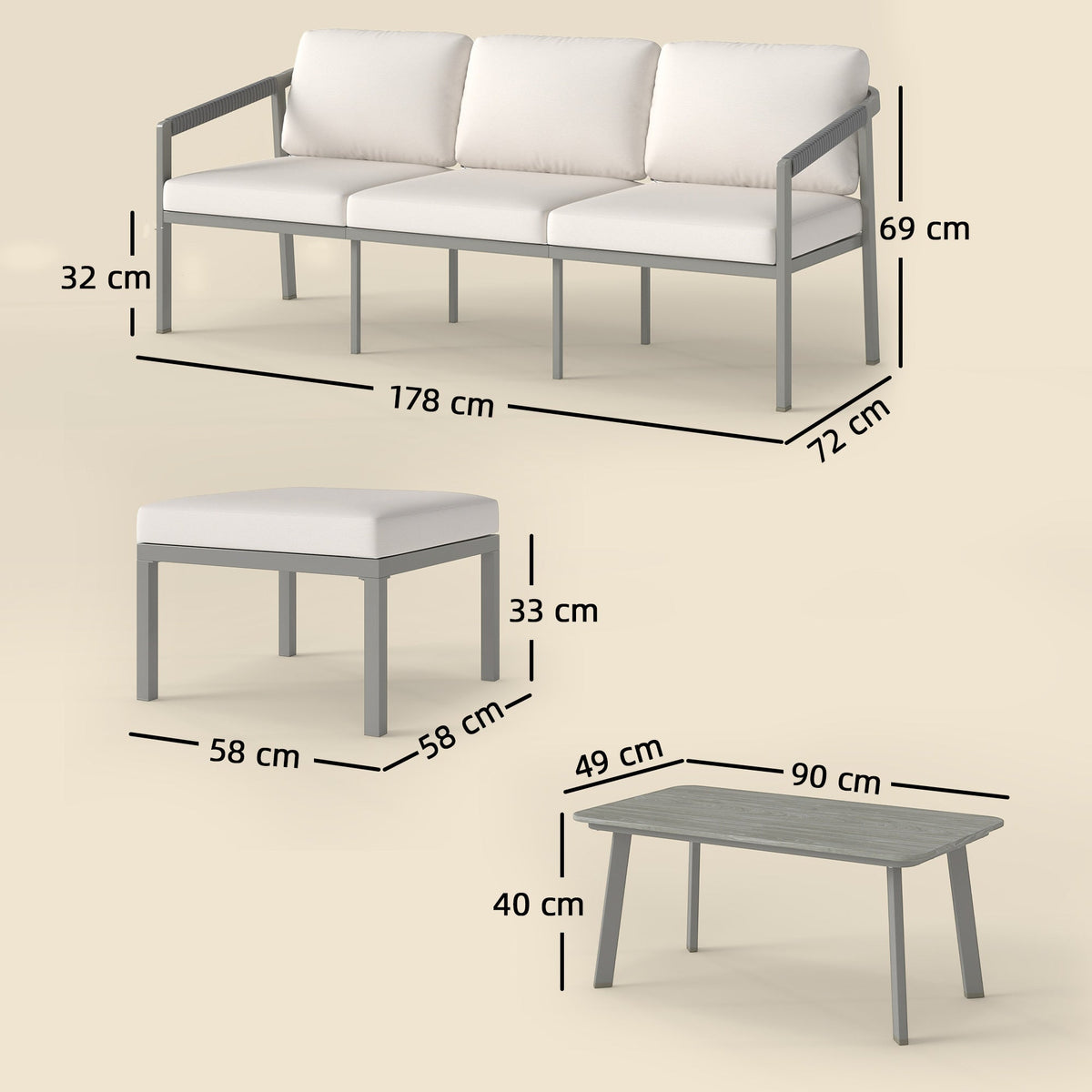 3 Piece Garden Furniture Set with Sofa, Footstool and Coffee Table, Grey