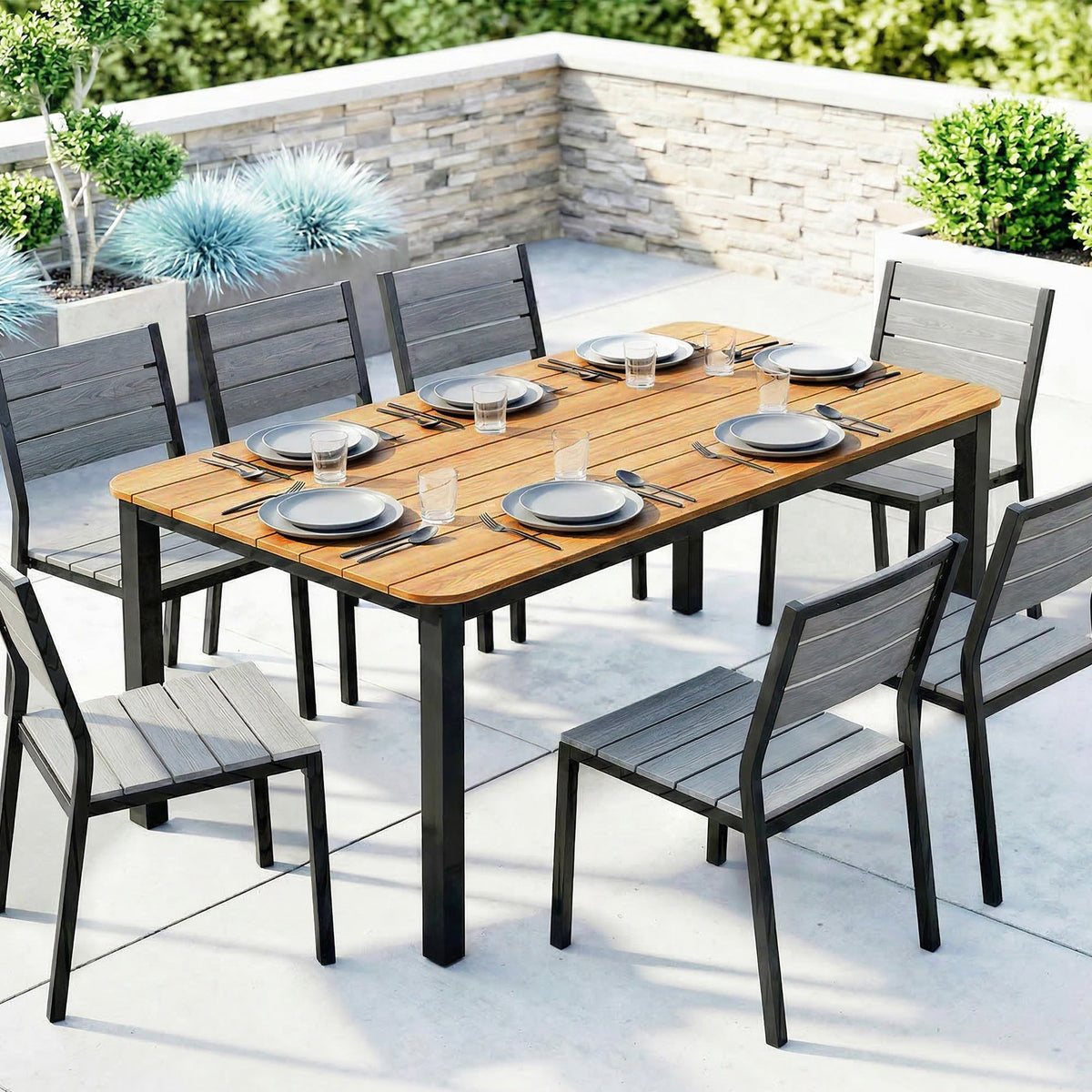 180 x 86 cm Garden Dining Table for 6-8 with Wood Slatted Top, Teak