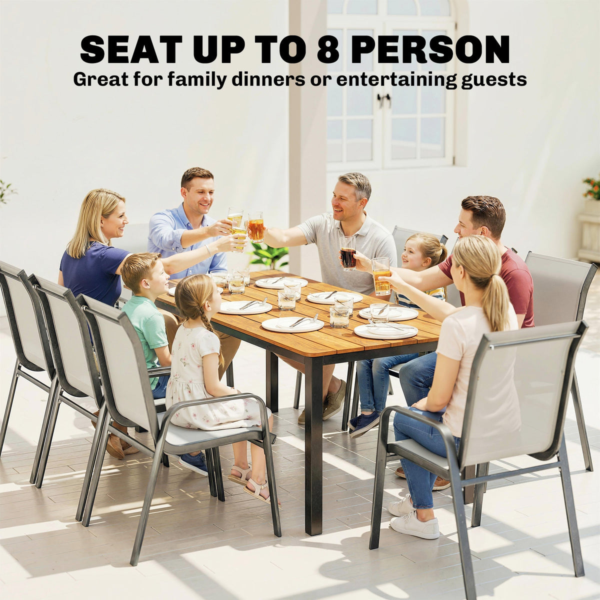 180 x 86 cm Garden Dining Table for 6-8 with Wood Slatted Top, Teak