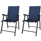 Set of 2 Folding Garden Chairs with High Back and Armrests, Navy Blue