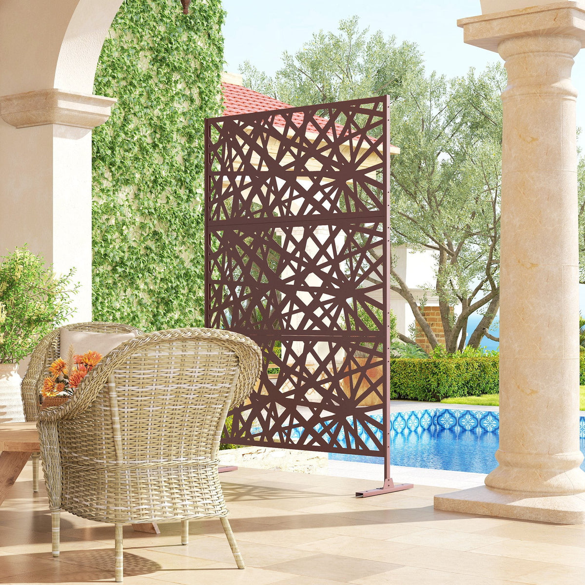 78" x 48" Metal Outdoor Privacy Screen, Labyrinth Design, Dark Brown