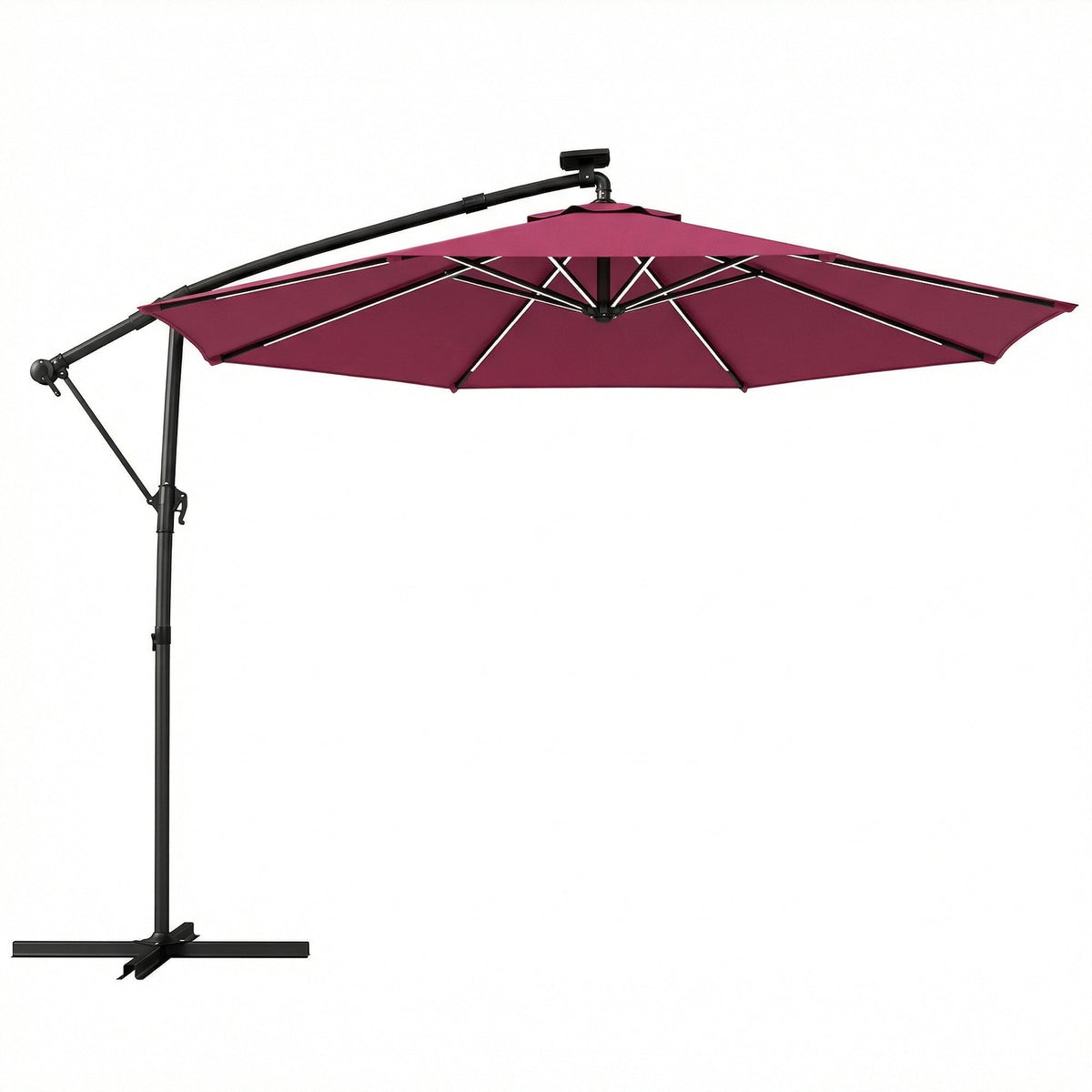 3 m Cantilever Parasol with Solar LED Light, Cover & 360° Rotation, Wine Red