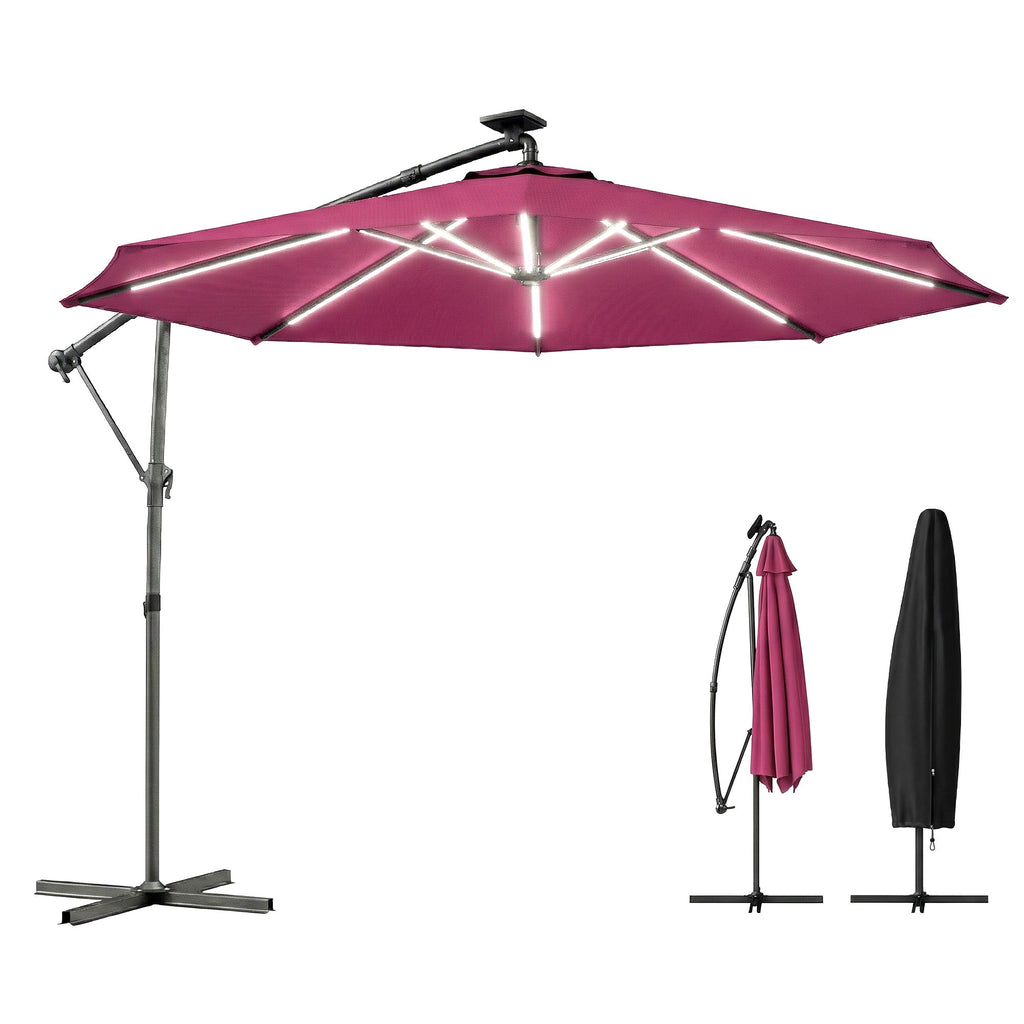 3 m Cantilever Parasol with Solar LED Light, Cover & 360° Rotation, Wine Red