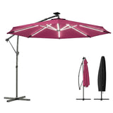 3 m Cantilever Parasol with Solar LED Light, Cover & 360° Rotation, Wine Red