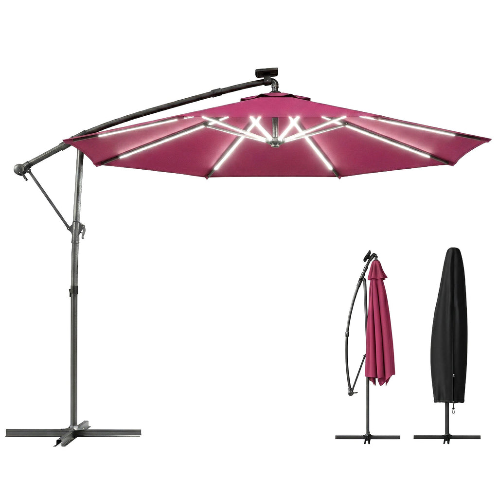 3 m Cantilever Parasol with Solar LED Light, Cover & 360° Rotation, Wine Red