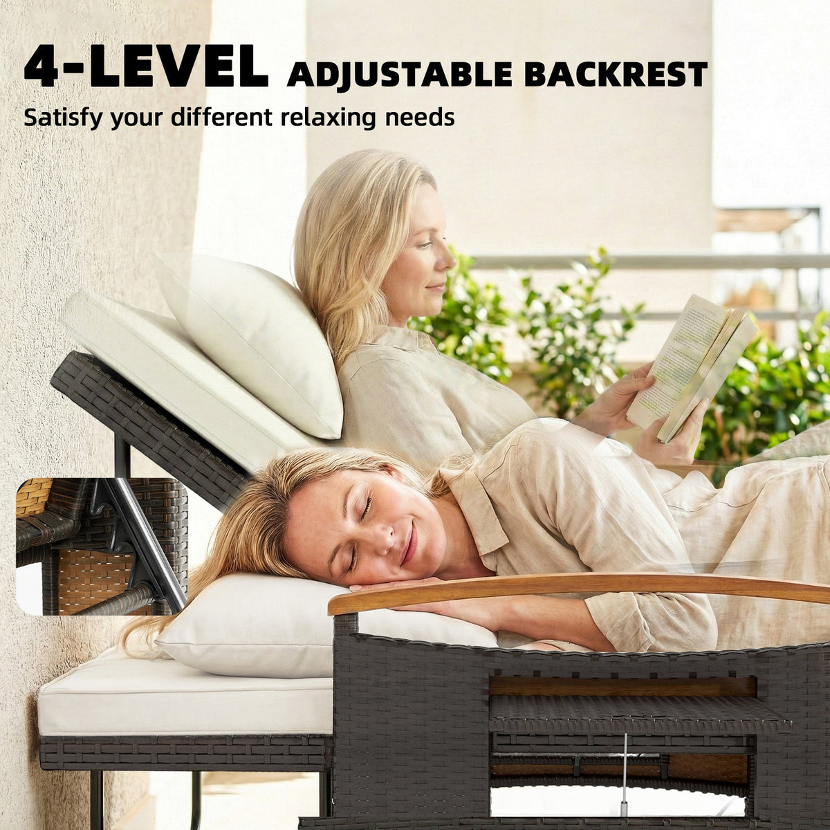 Rattan Daybed with Adjustable Backrest, Storage Ottoman, Beige