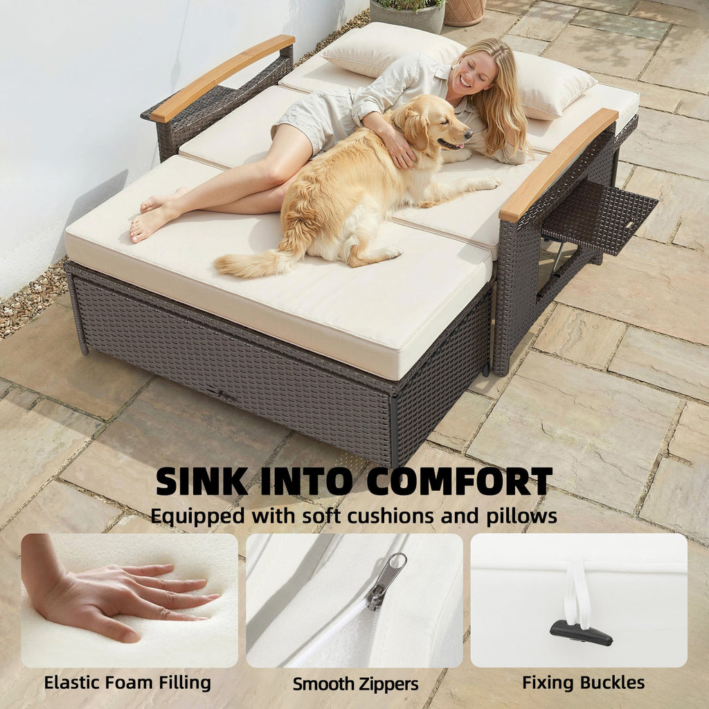 Rattan Daybed with Adjustable Backrest, Storage Ottoman, Beige