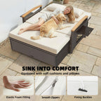 Rattan Daybed with Adjustable Backrest, Storage Ottoman, Beige