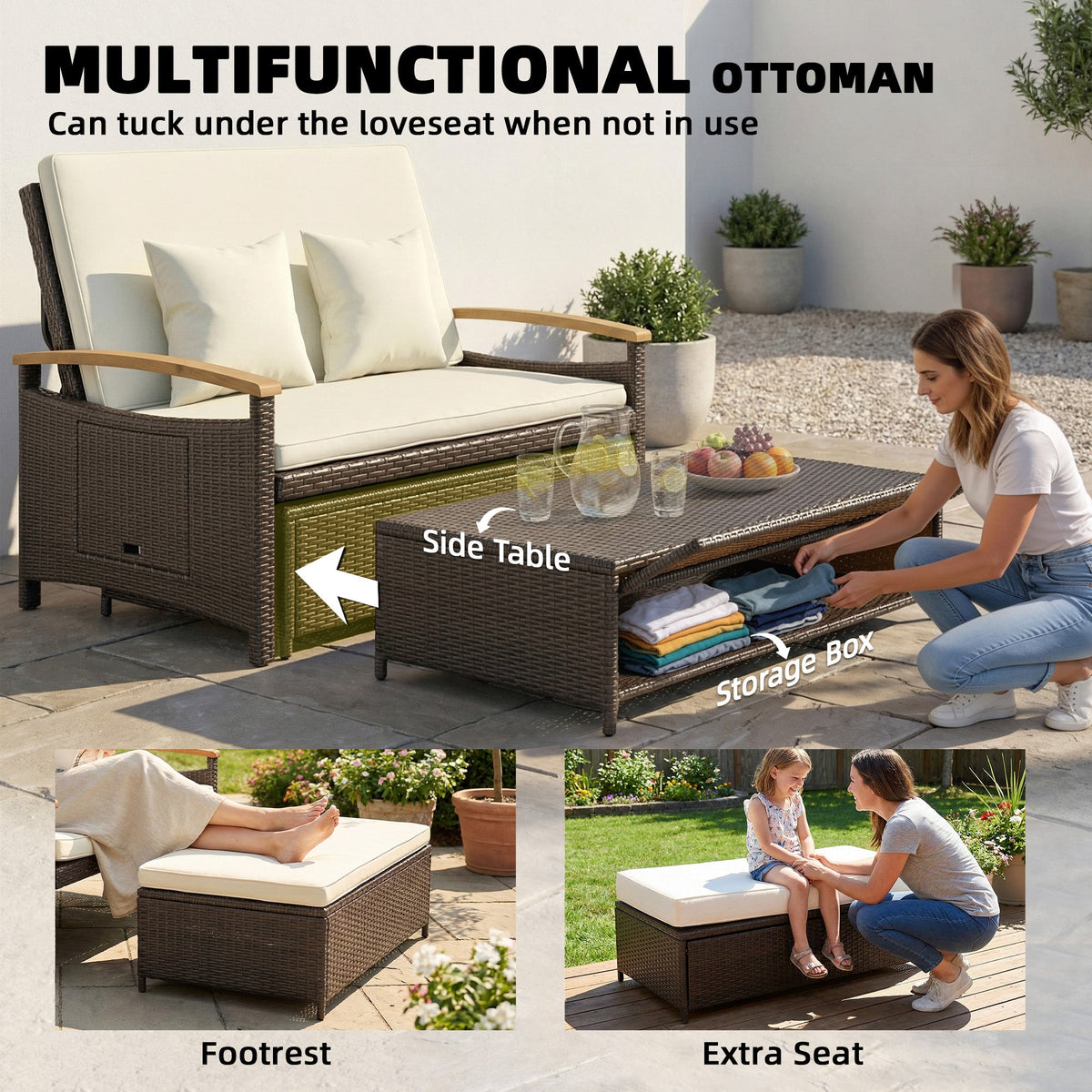 Rattan Daybed with Adjustable Backrest, Storage Ottoman, Beige