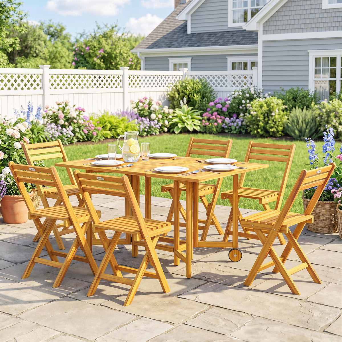 7-Piece Extending Acacia Dining Set with 6 Folding Chairs & Umbrella, Natural