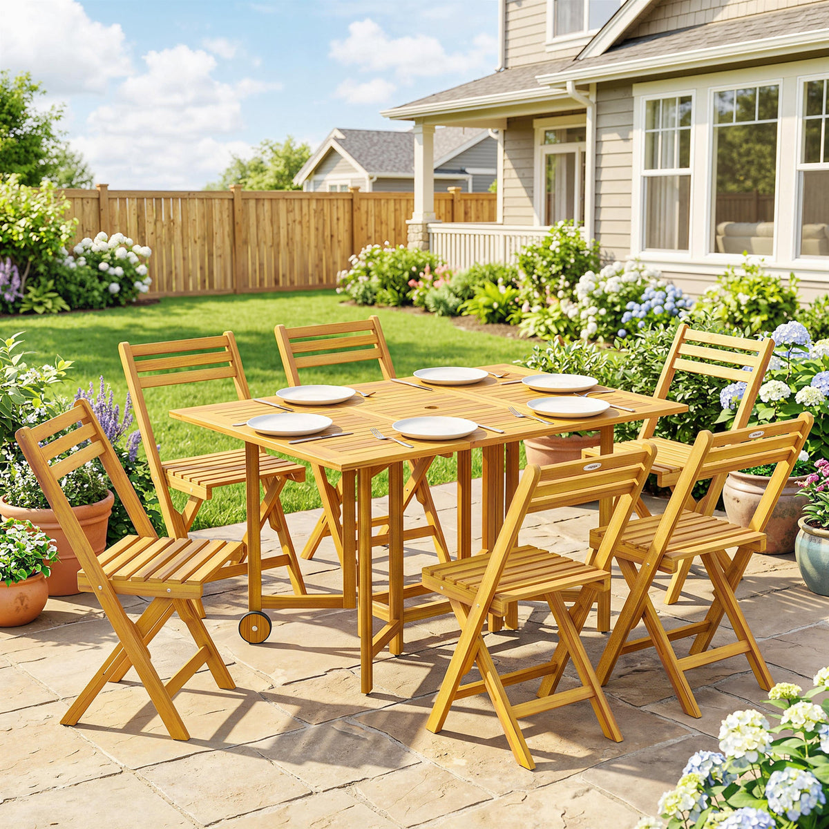 7-Piece Extending Acacia Dining Set with 6 Folding Chairs & Umbrella, Natural