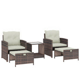 5-Piece Wicker Patio Set with Ottomans & 2-Tier Glass Coffee Table, Brown/Cream