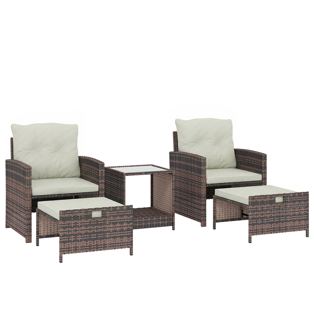 5-Piece Wicker Patio Set with Ottomans & 2-Tier Glass Coffee Table, Brown/Cream