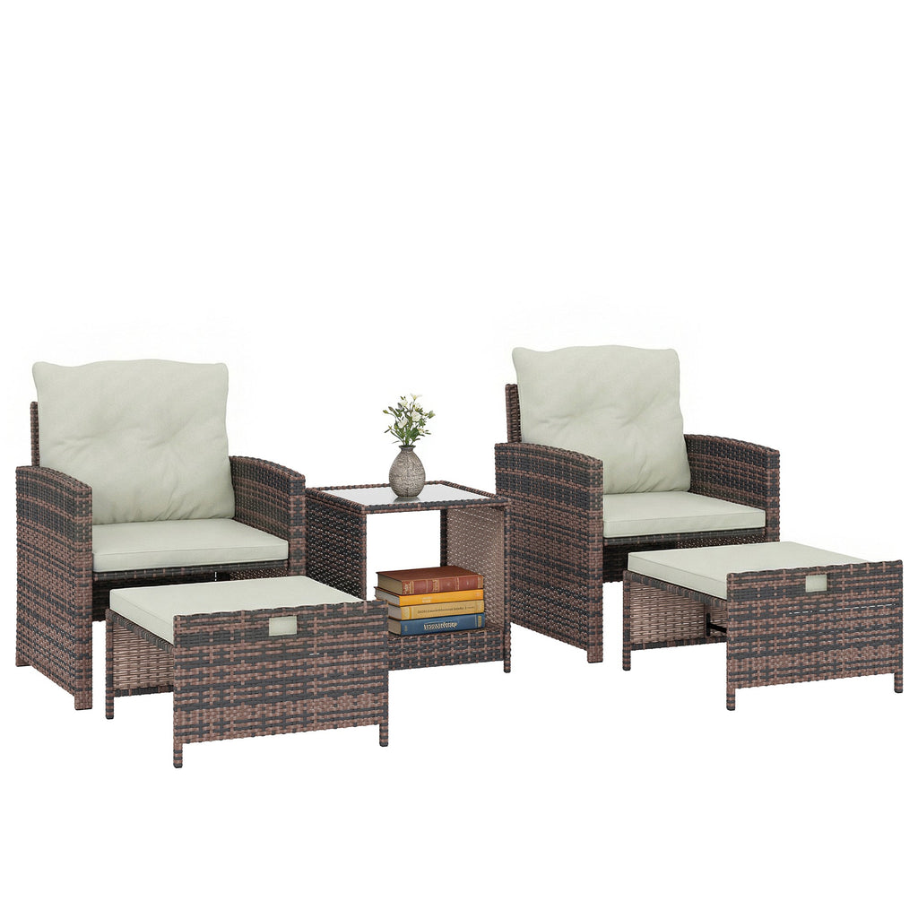 5-Piece Wicker Patio Set with Ottomans & 2-Tier Glass Coffee Table, Brown/Cream