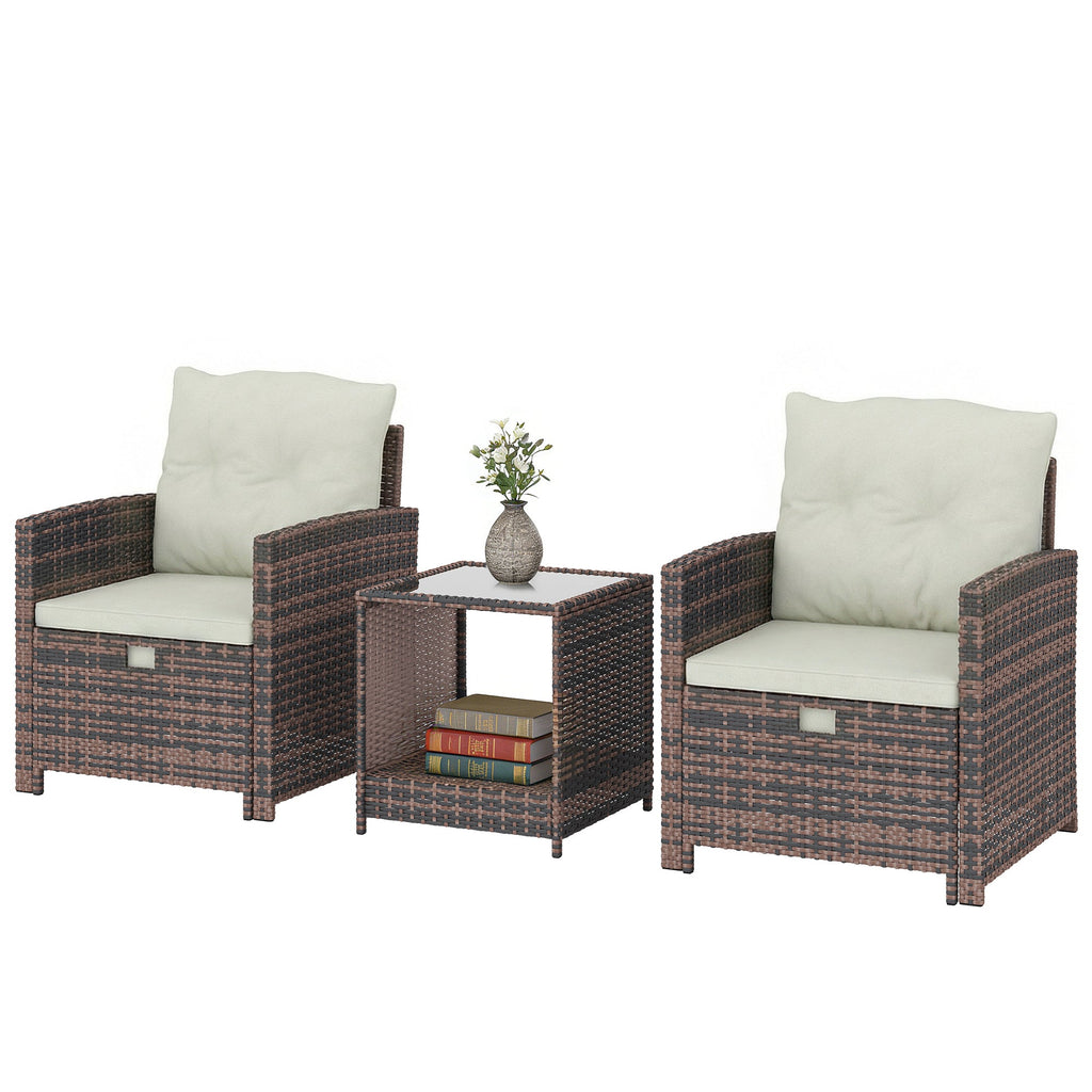 5-Piece Wicker Patio Set with Ottomans & 2-Tier Glass Coffee Table, Brown/Cream