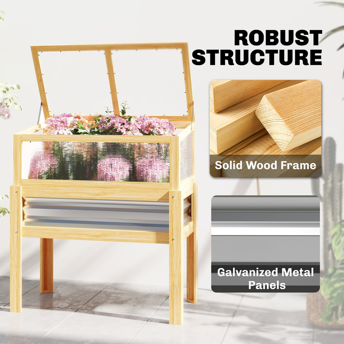 Raised Garden Bed with Detachable Greenhouse Top and Legs, Natural