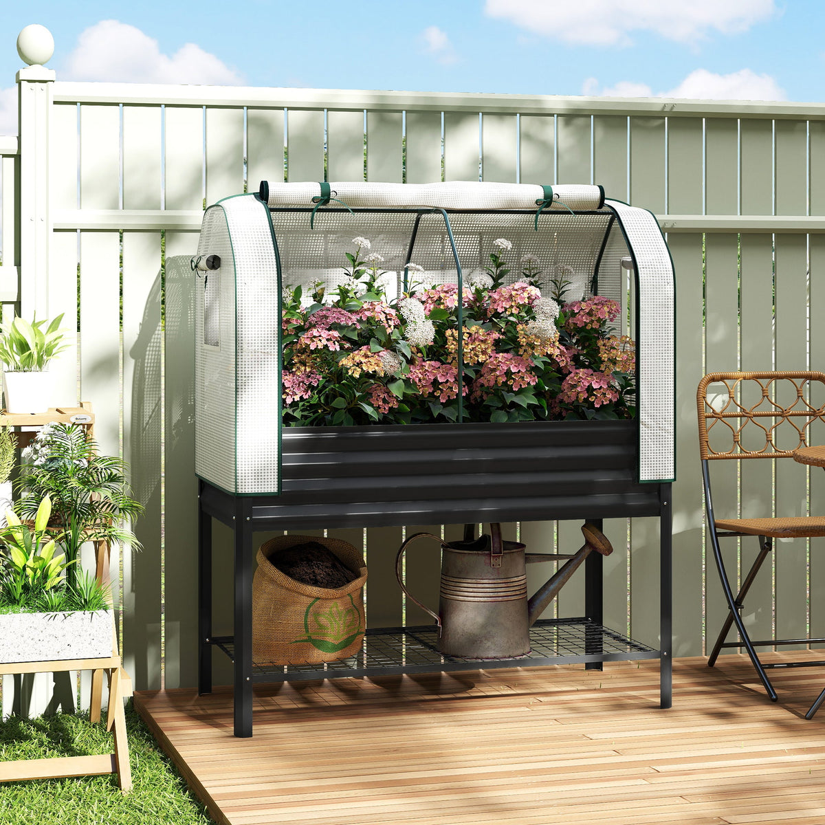 Galvanized Raised Garden Bed with Greenhouse Cover, Black