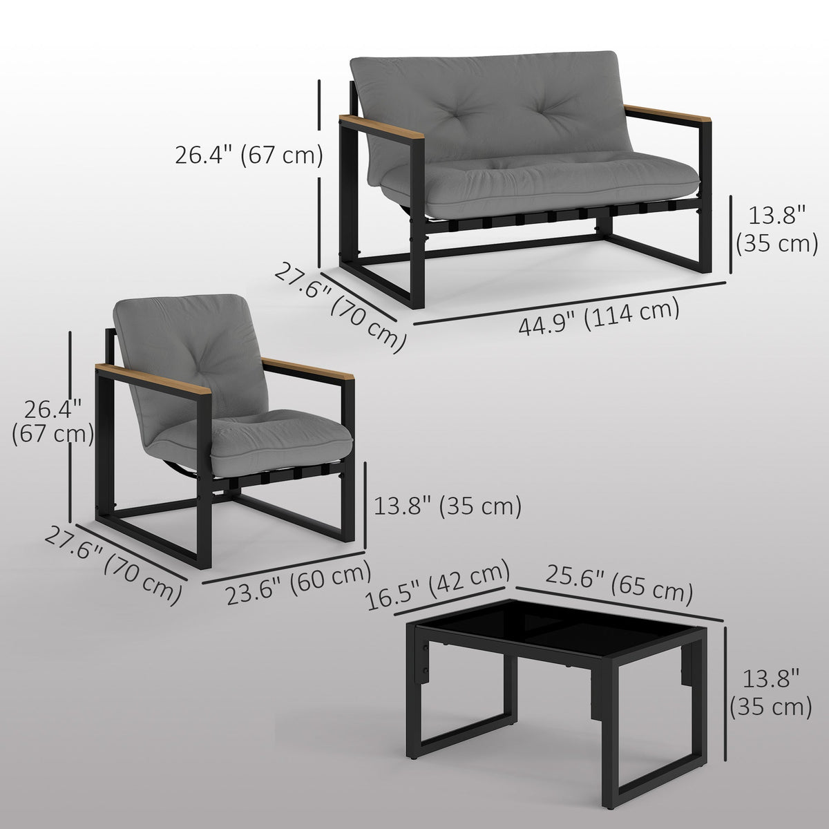 4 Piece Patio Furniture Set with Loveseat, Coffee Table and Thick Cushions, Light Grey