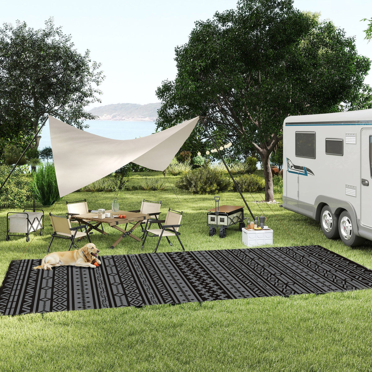 9' x 18' Reversible Outdoor Rug, Black Gray Geometric