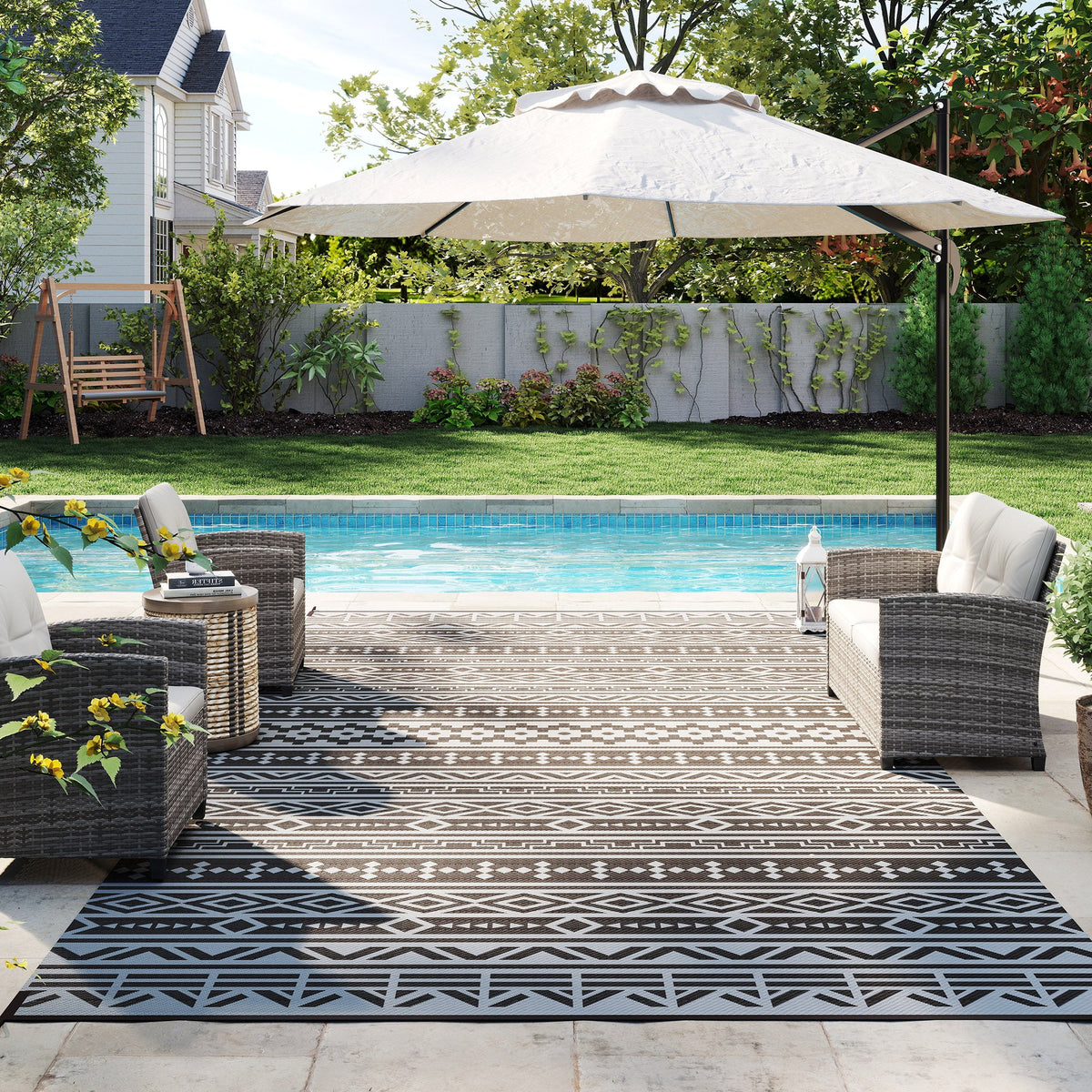 9' x 18' Reversible Outdoor Rug, Black Gray Geometric