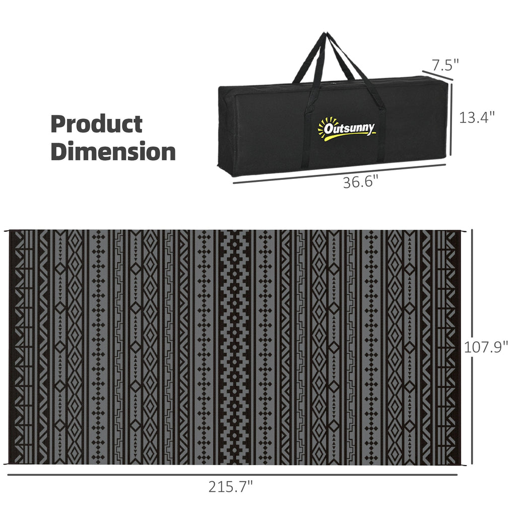 9' x 18' Reversible Outdoor Rug, Black Gray Geometric