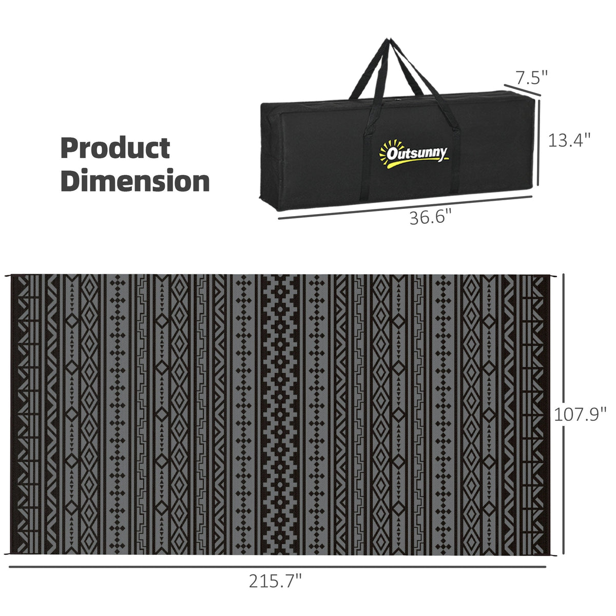 9' x 18' Reversible Outdoor Rug, Black Gray Geometric