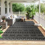 9' x 18' Reversible Outdoor Rug, Black Gray Geometric