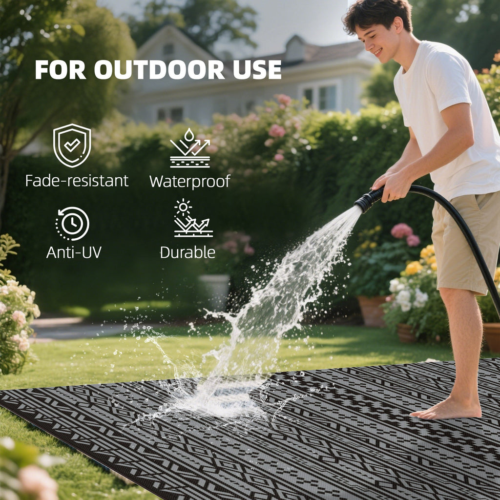 9' x 18' Reversible Outdoor Rug, Black Gray Geometric