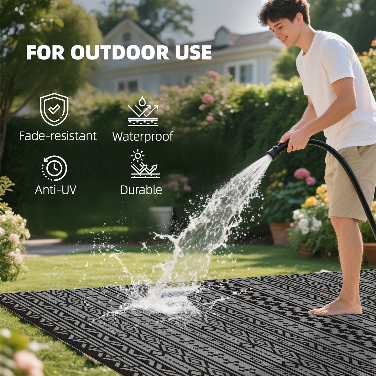 9' x 18' Reversible Outdoor Rug, Black Gray Geometric