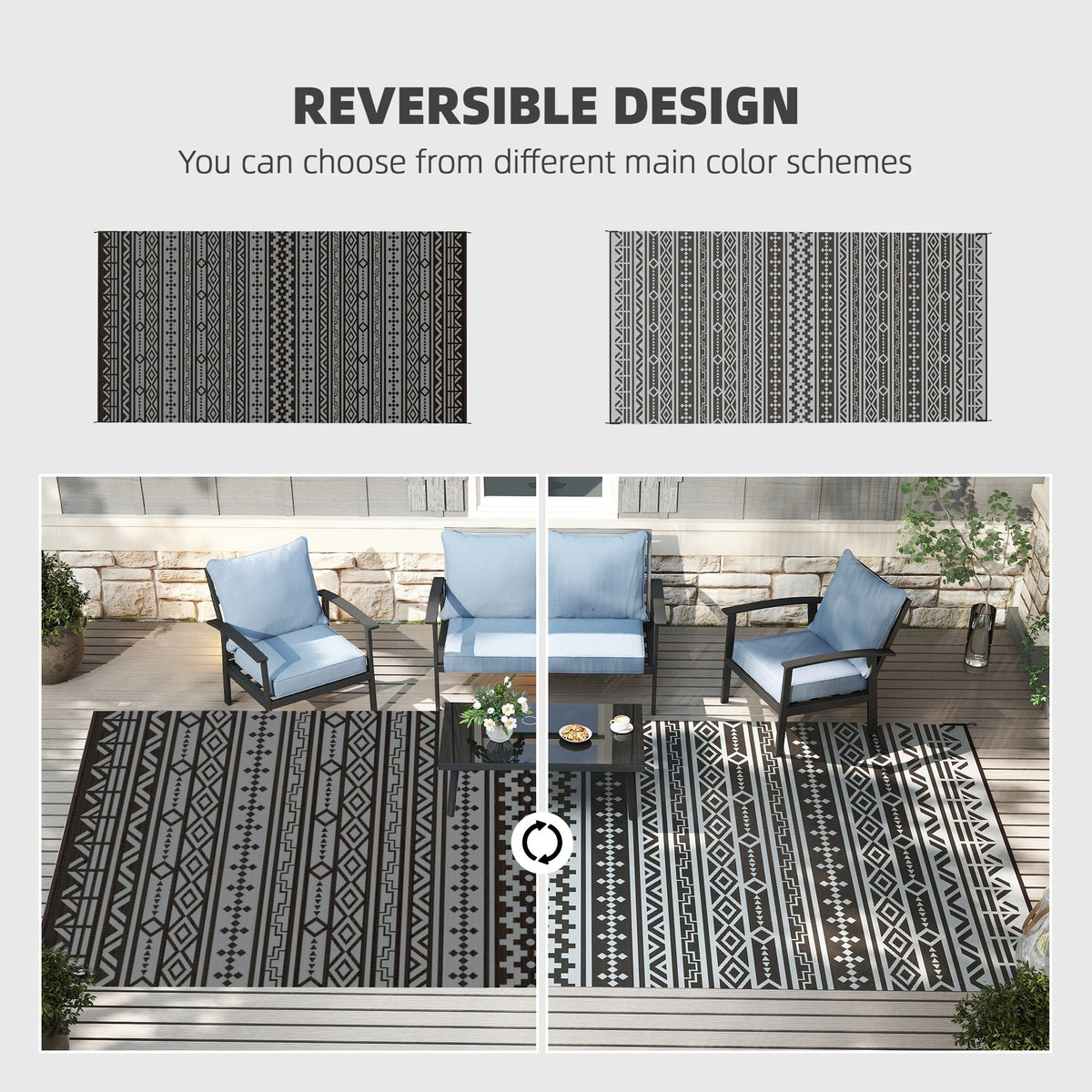 9' x 18' Reversible Outdoor Rug, Black Gray Geometric
