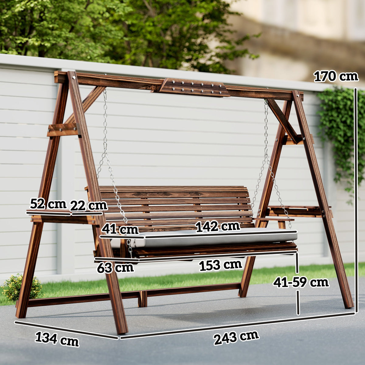 3 Seater Wooden Garden Swing Seat with Cushion and Side Trays, Carbonised Brown