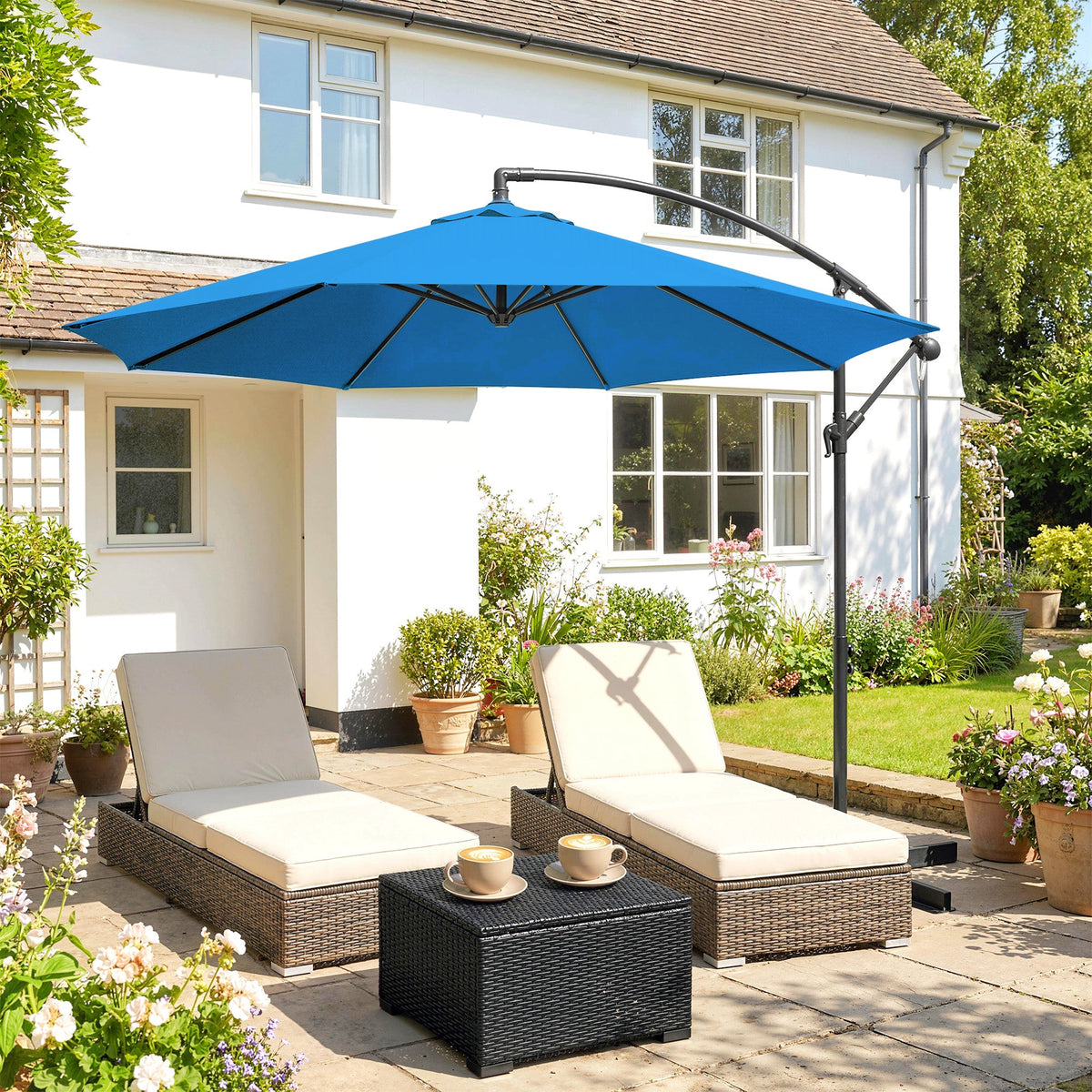 3 m Cantilever Parasol with Cross Base and Crank Handle, Blue