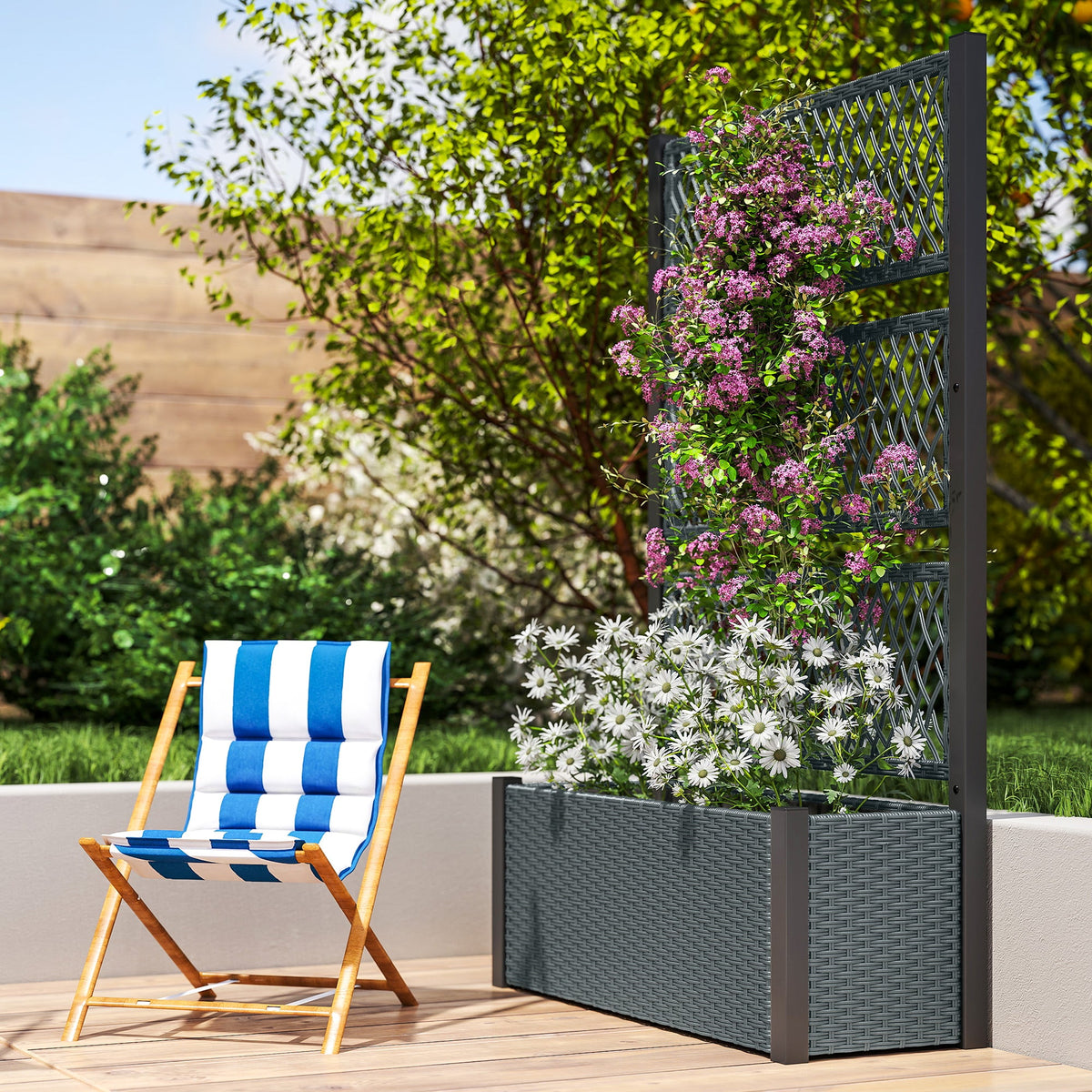 58" Wicker Outdoor Planter with Trellis and Privacy Screen, Dark Grey
