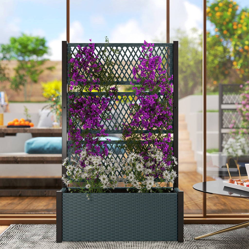 58" Wicker Outdoor Planter with Trellis and Privacy Screen, Dark Grey