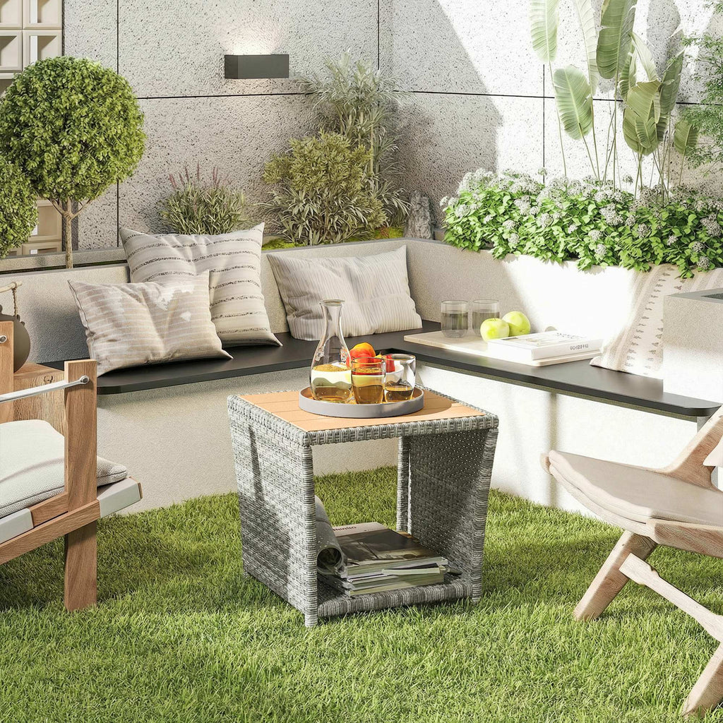2-Tier PE Rattan Side Table with Storage Shelf, Light Grey