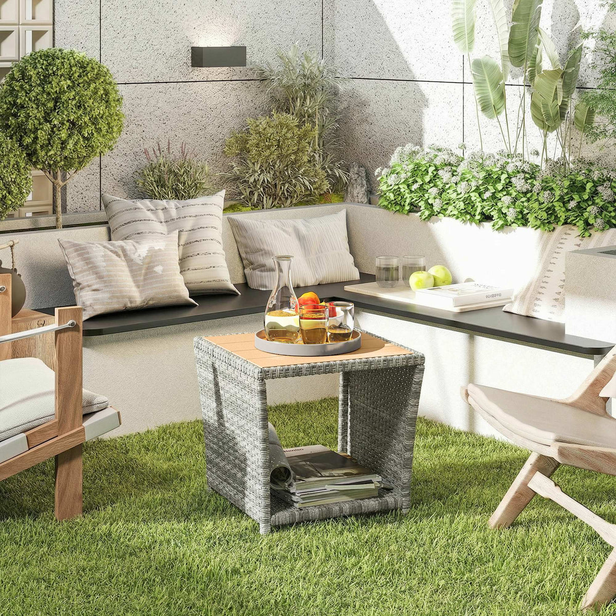 2-Tier PE Rattan Side Table with Storage Shelf, Light Grey