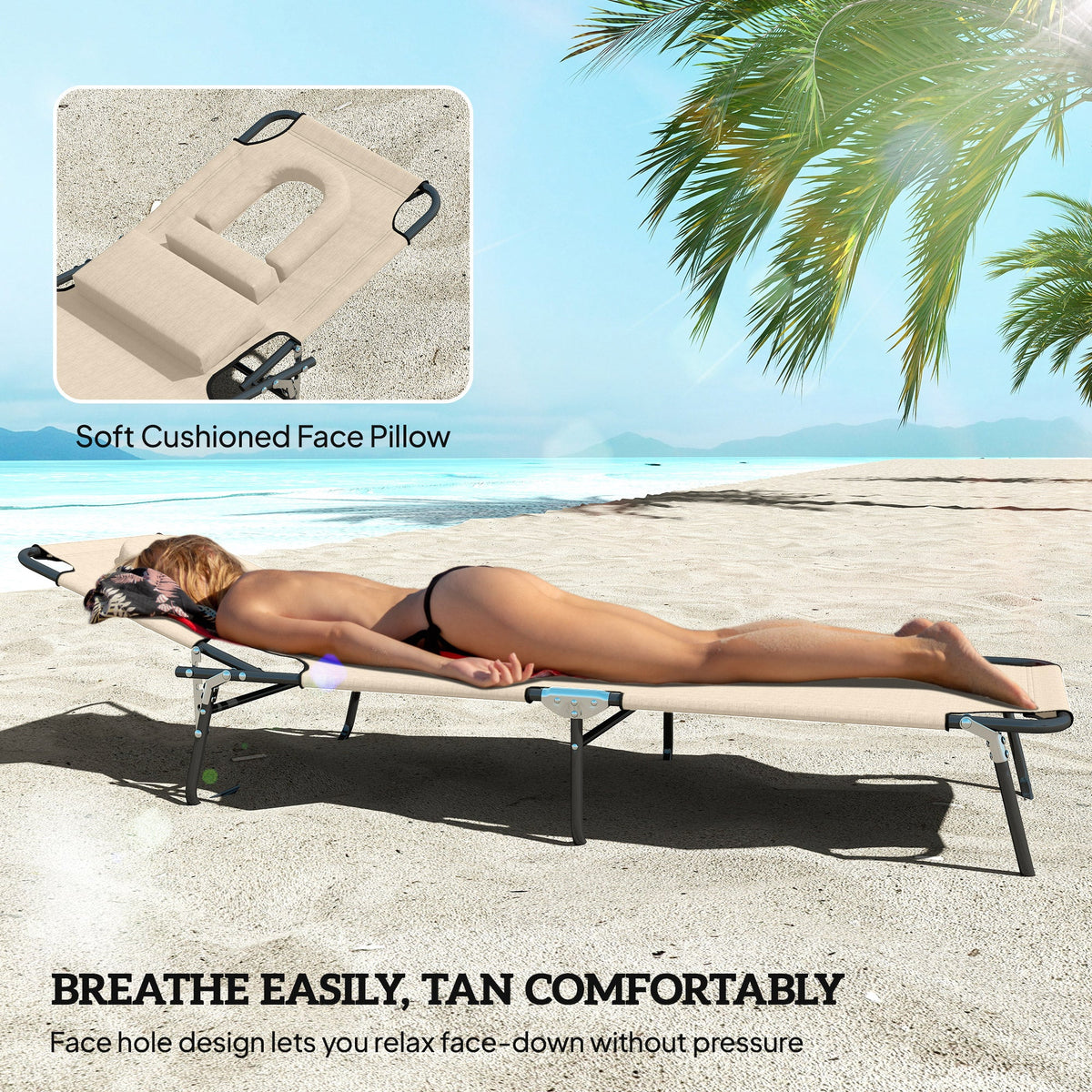 Folding Outdoor Lounge Chair with Face Hole and Pillow, Beige