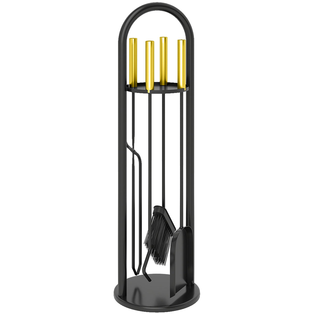 5-Piece Metal Fireplace Tool Set with Brush, Shovel, Poker, Tongs & Stand, Gold Finish