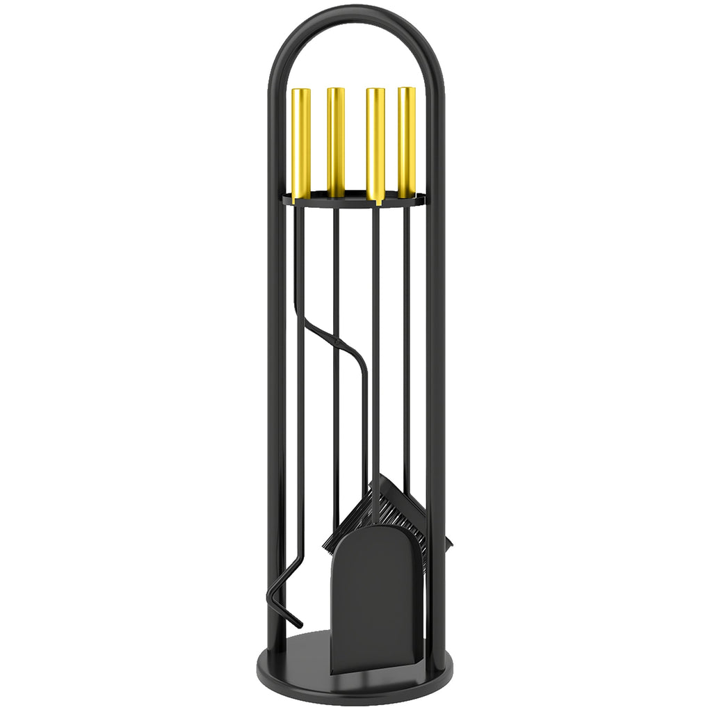 5-Piece Metal Fireplace Tool Set with Brush, Shovel, Poker, Tongs & Stand, Gold Finish
