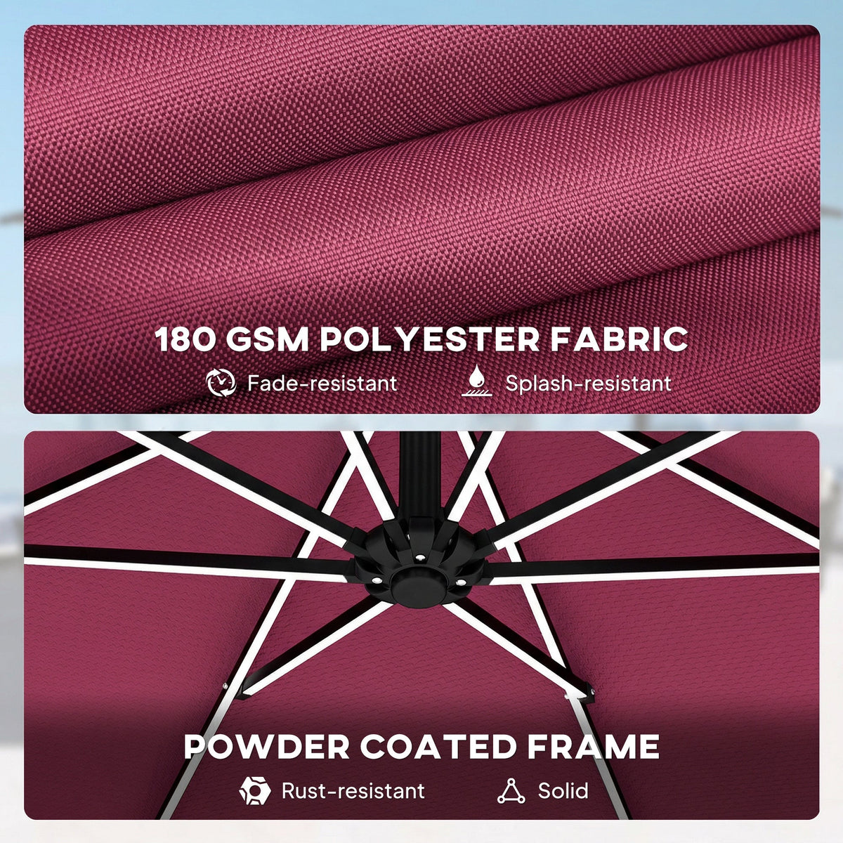 3 m Cantilever Parasol with Solar LED Light, Cover & 360° Rotation, Wine Red