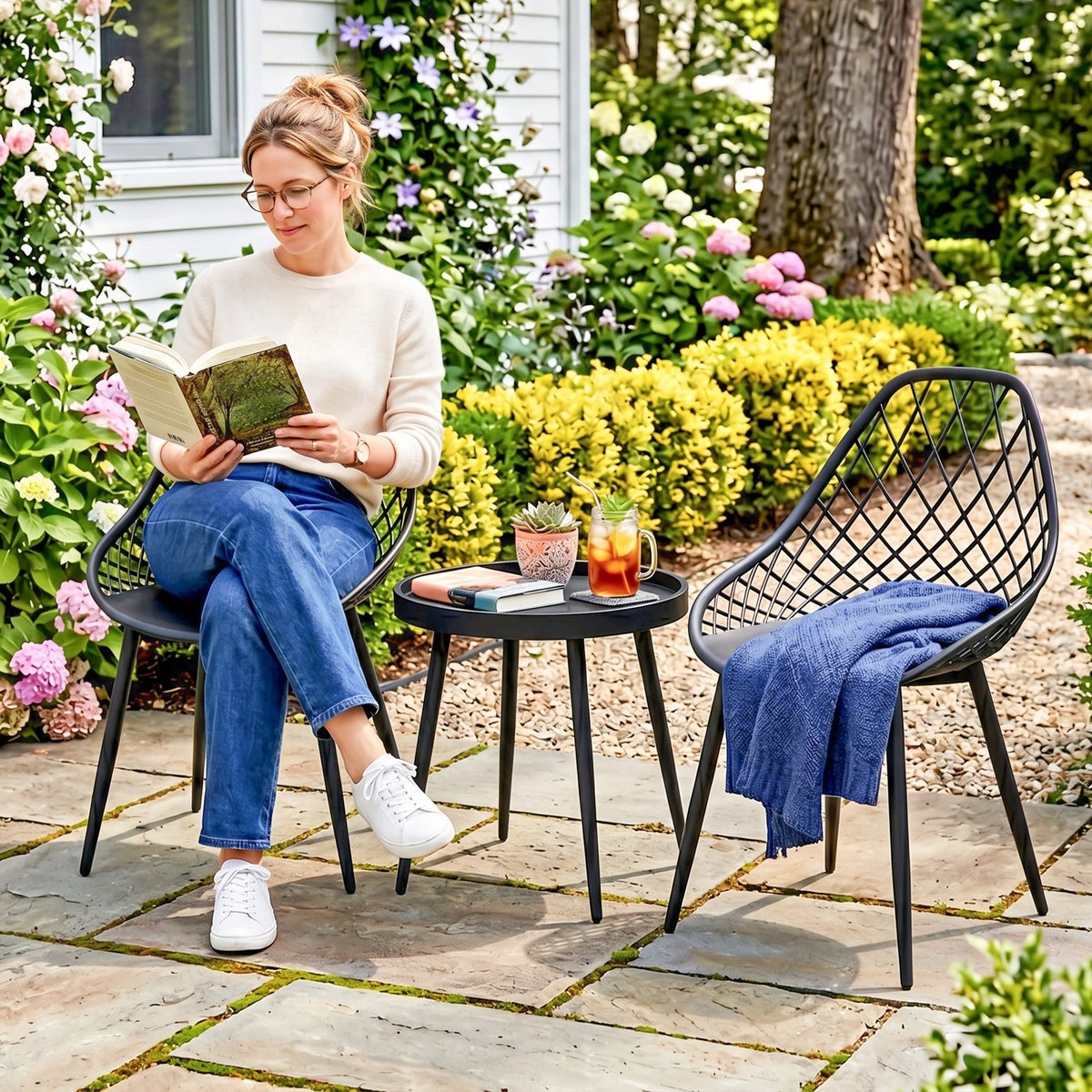 3-Piece Outdoor Bistro Set, 2 Chairs & Round Table, Weatherproof Metal, Black