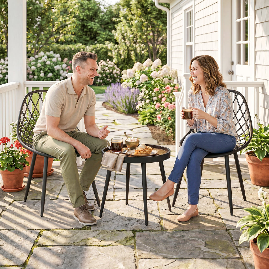 3-Piece Outdoor Bistro Set, 2 Chairs & Round Table, Weatherproof Metal, Black