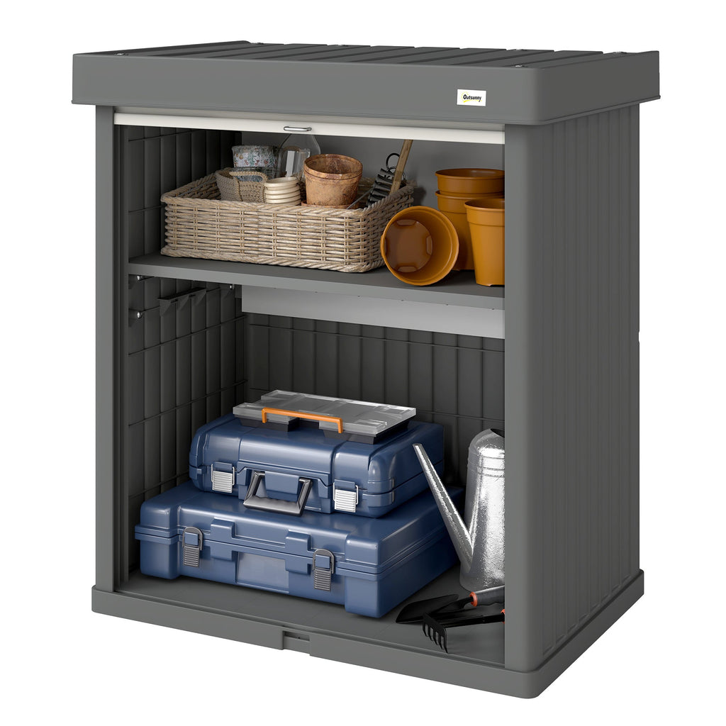 82 Gallon Outdoor Storage Box with Roll-Up Door and Removable Shelf, Grey