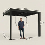 3 x 3 m Dark Grey Louvered Pergola with Adjustable Metal Roof, LED Lights
