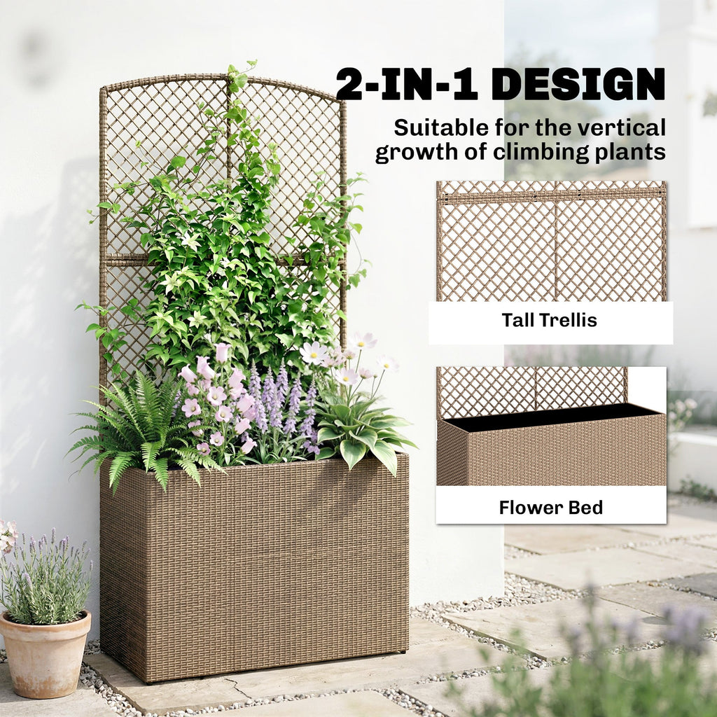 80 x 30 x 163 cm Rattan Raised Planter Box with Trellis and Liner, Light Grey