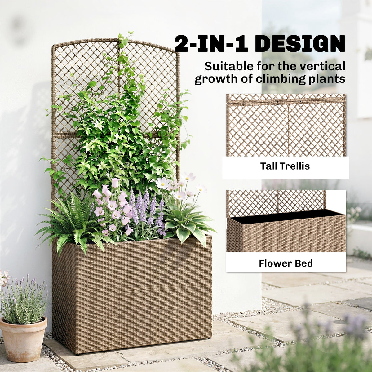 80 x 30 x 163 cm Rattan Raised Planter Box with Trellis and Liner, Light Grey