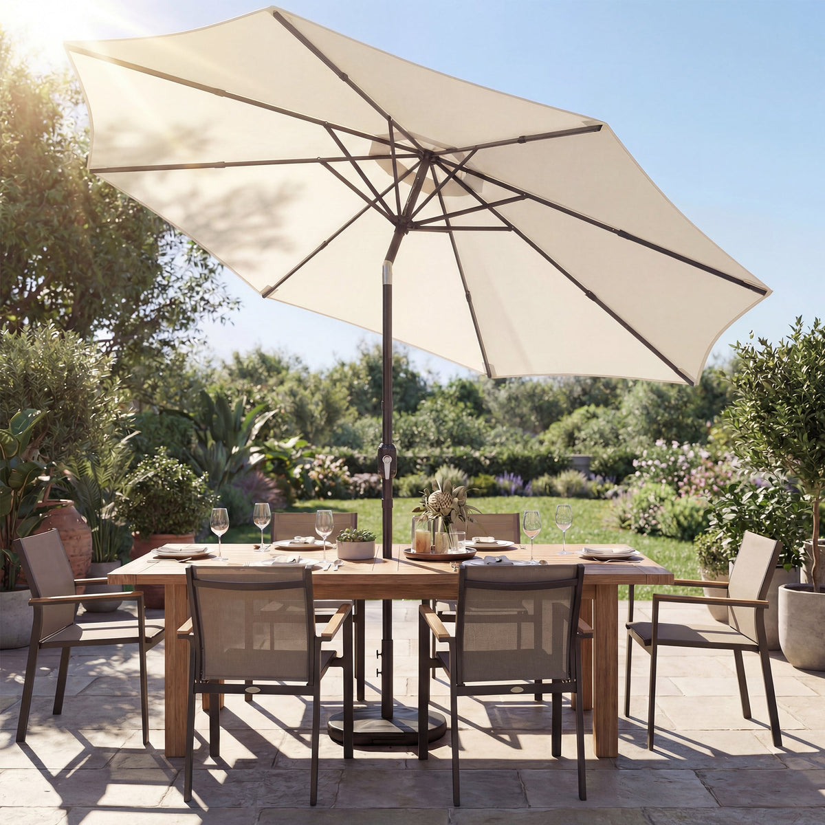2.7 m Garden Parasol with Cross Base, Sandbag and Tilt, Cream White