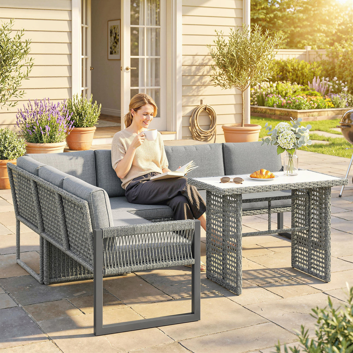 4 Piece Rattan Garden Furniture Set with 3 Loveseats, Grey