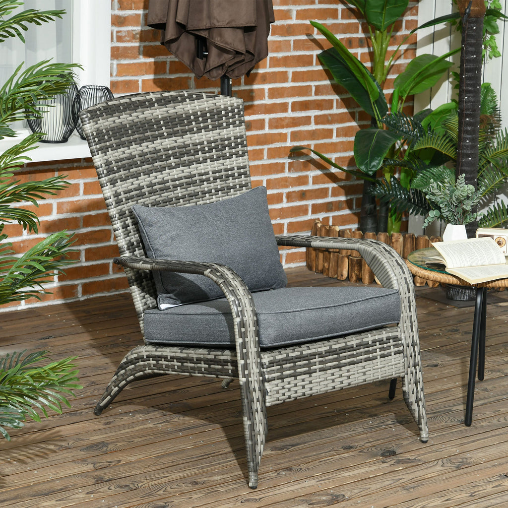 Patio Wicker Adirondack Chair with Soft Cushions and Curved Back, Grey