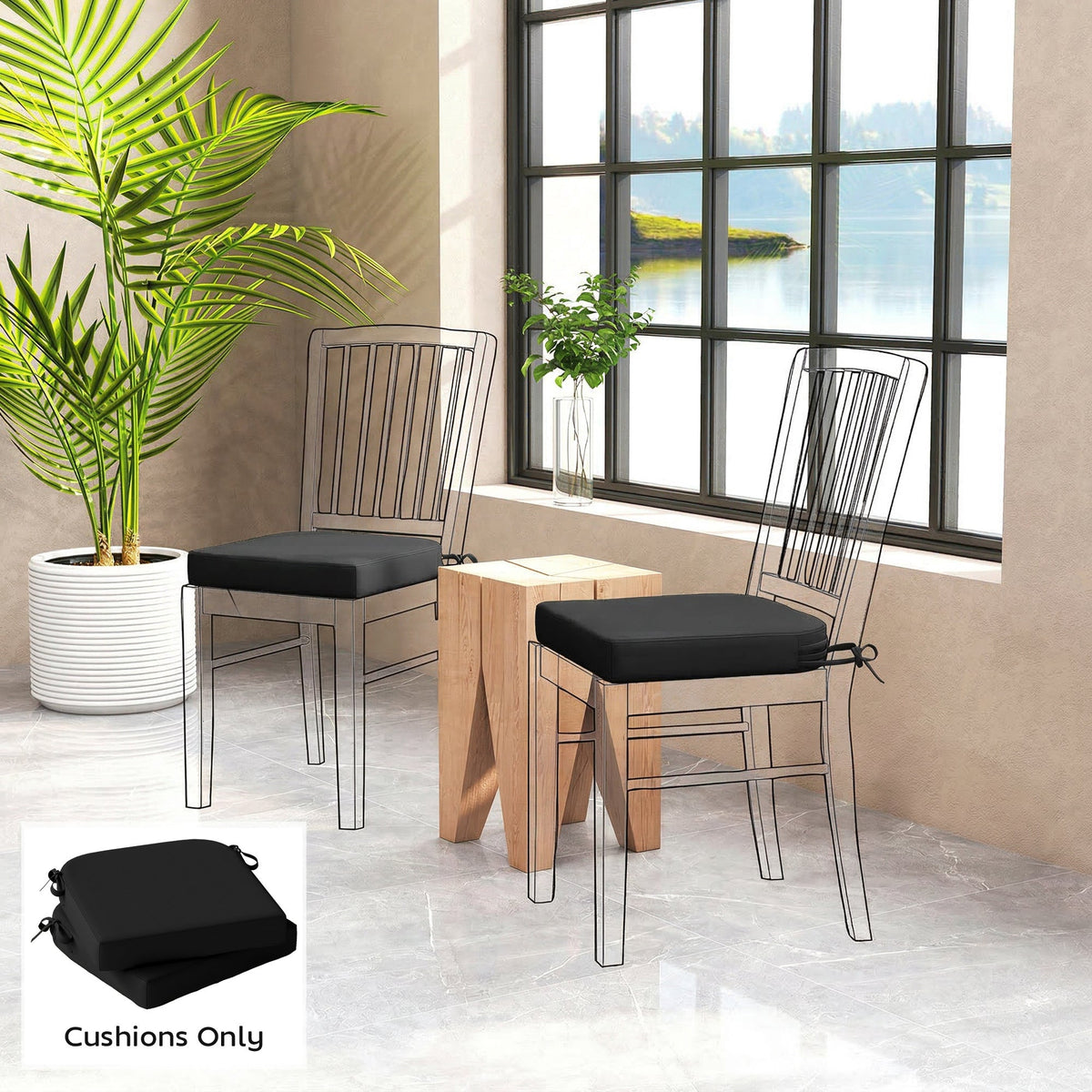 Set of 2 Outdoor Chair Seat Cushions, 40 x 40 cm, Black